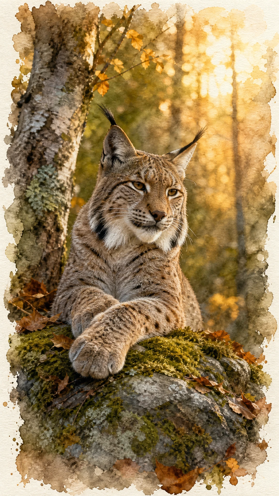 Eurasischer Luchs ruht auf moosbewachsenem Felsen im goldenen Wald