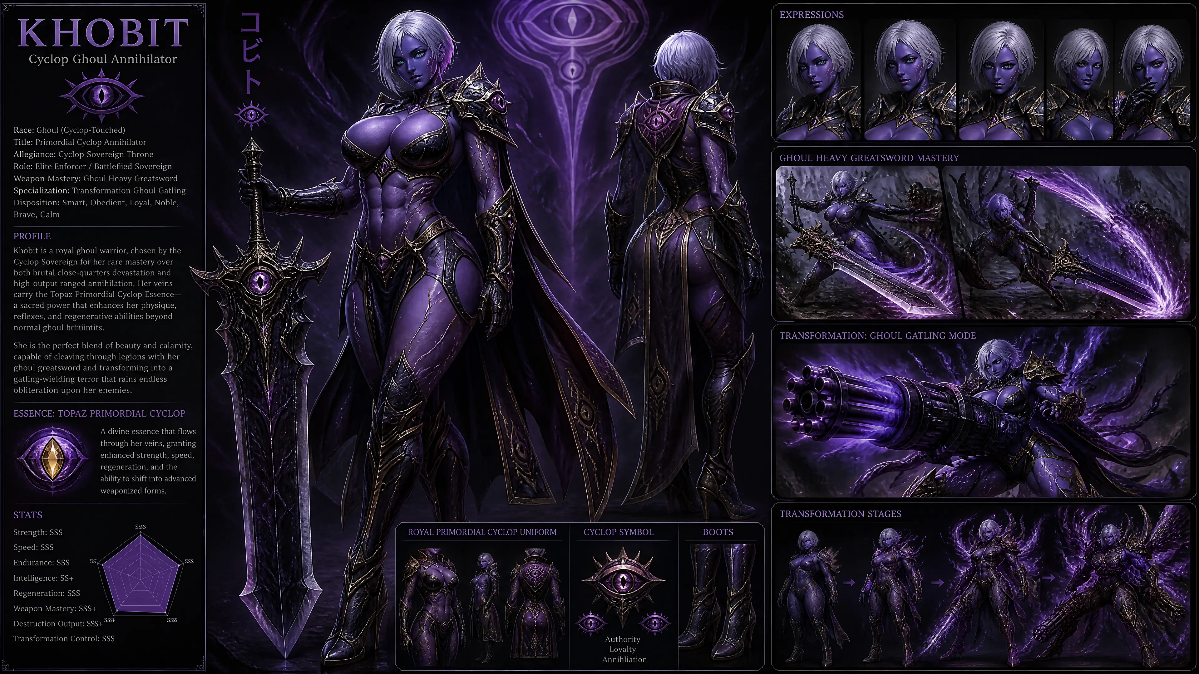 Purple female ghoul warrior with greatsword in uniform