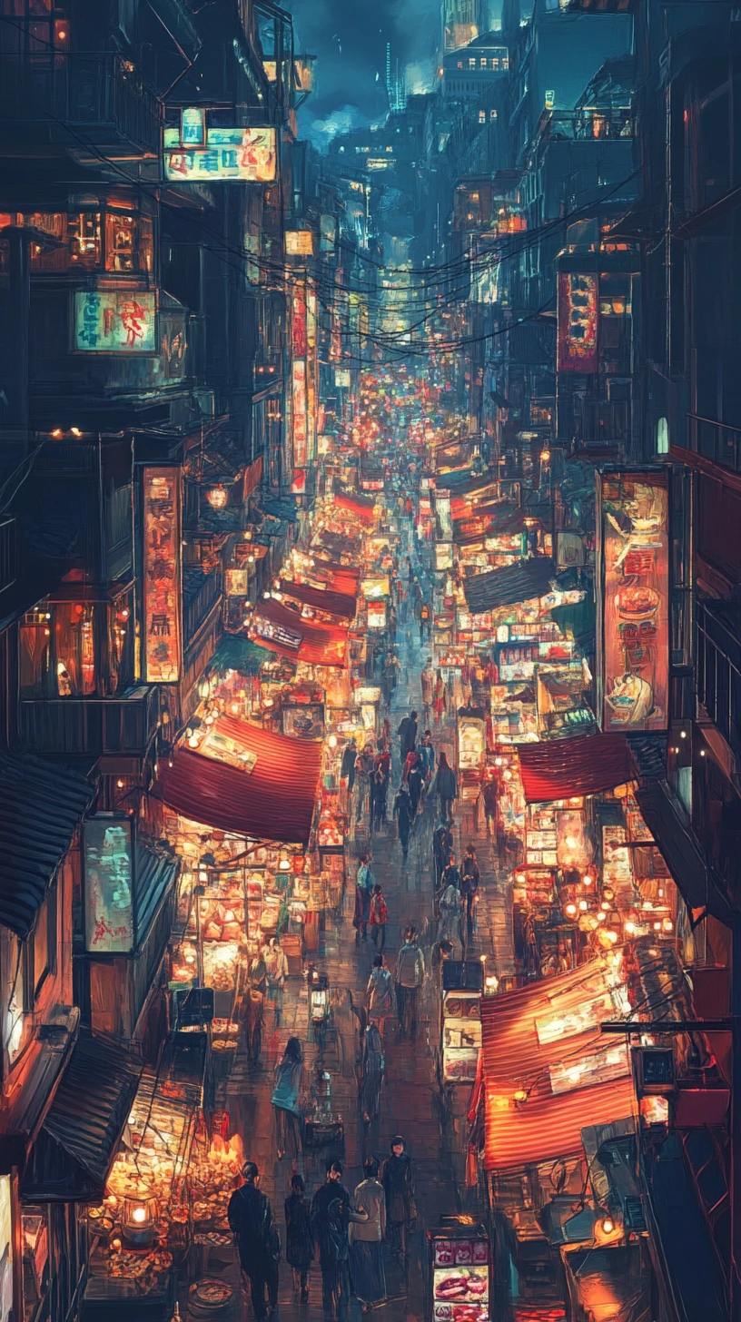 Belebte Nachtmarktstraße in einer farbenfrohen Fantasiestadt