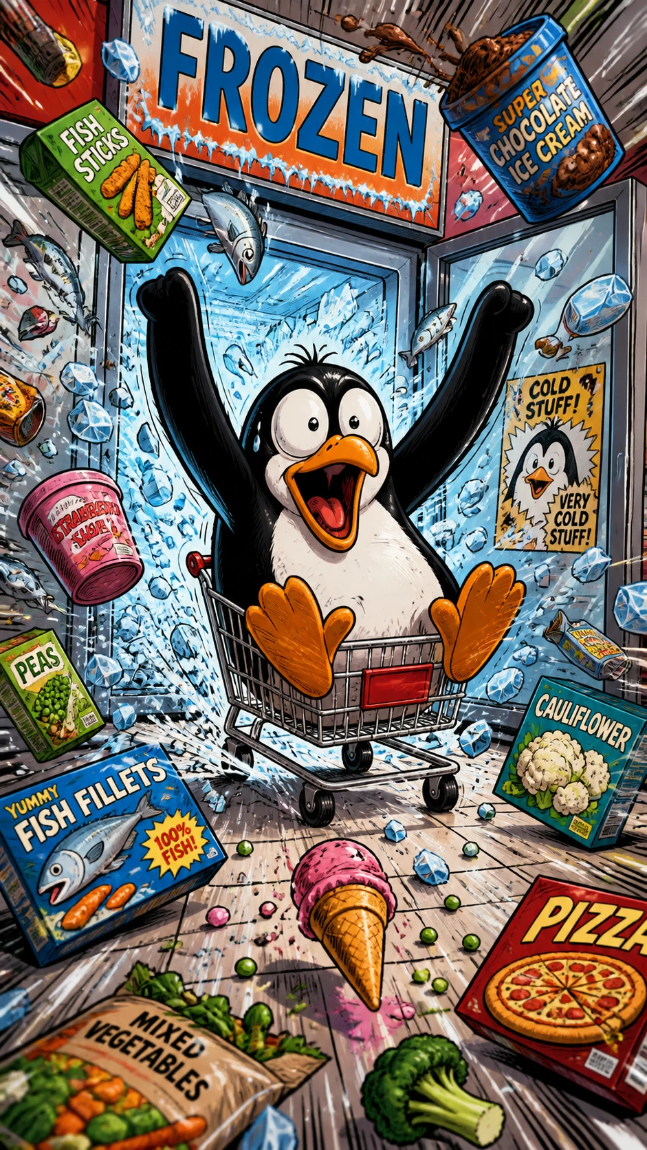 Pingüino en pánico corriendo en un diminuto carrito de supermercado