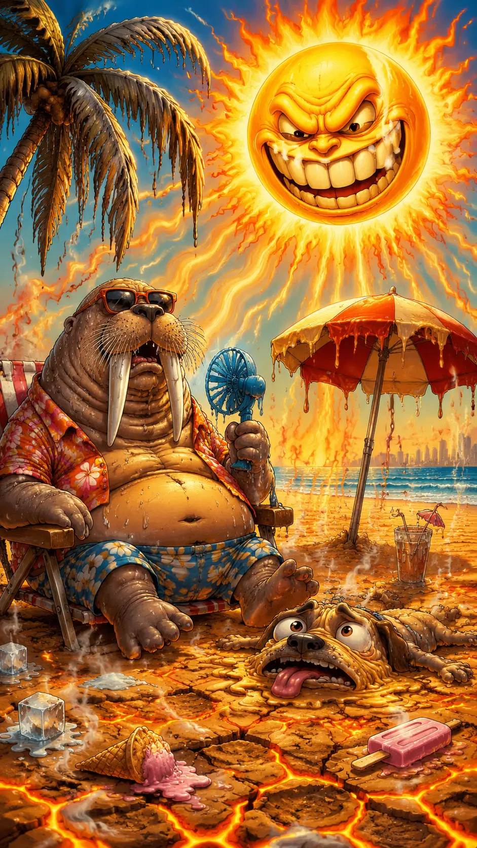 Cartoon animals melting on a scorching sunny beach