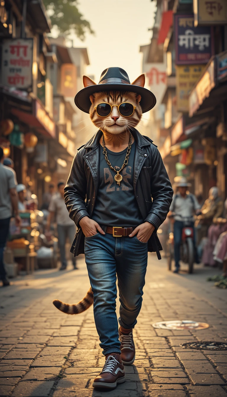 Stylish anthropomorphic street cat in a lively Delhi market