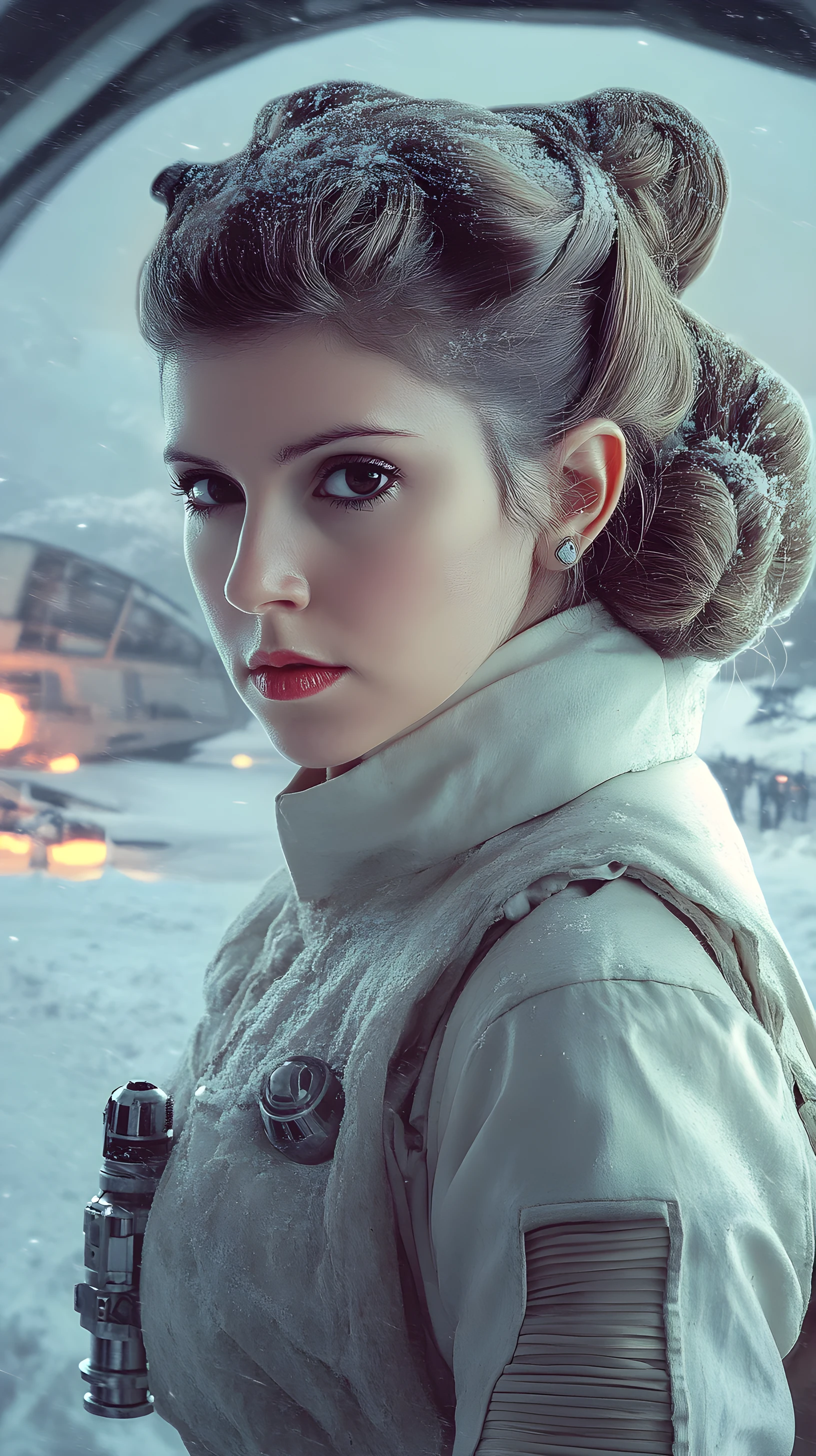 Mulher heroica em traje estilo Hoth diante de portas blindadas congeladas