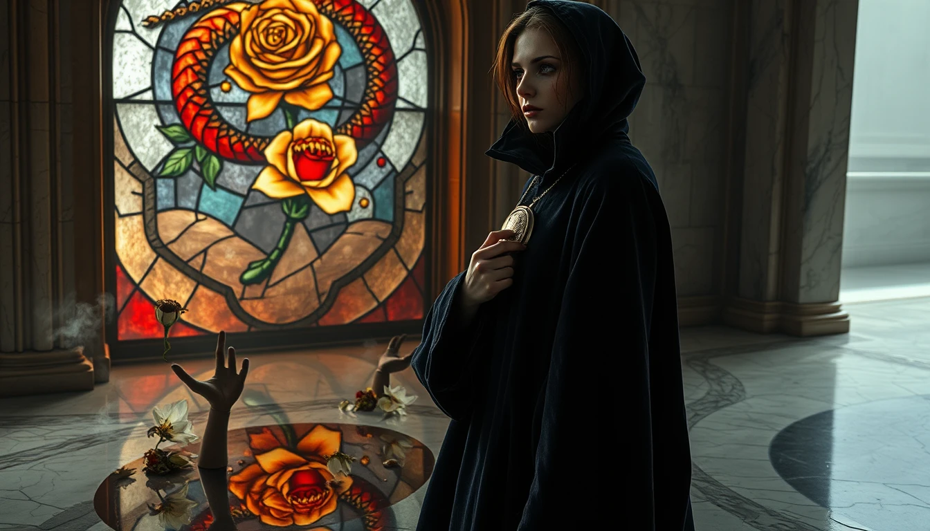 Mulher Diante de Vitral Fraturado em Catedral Gótica