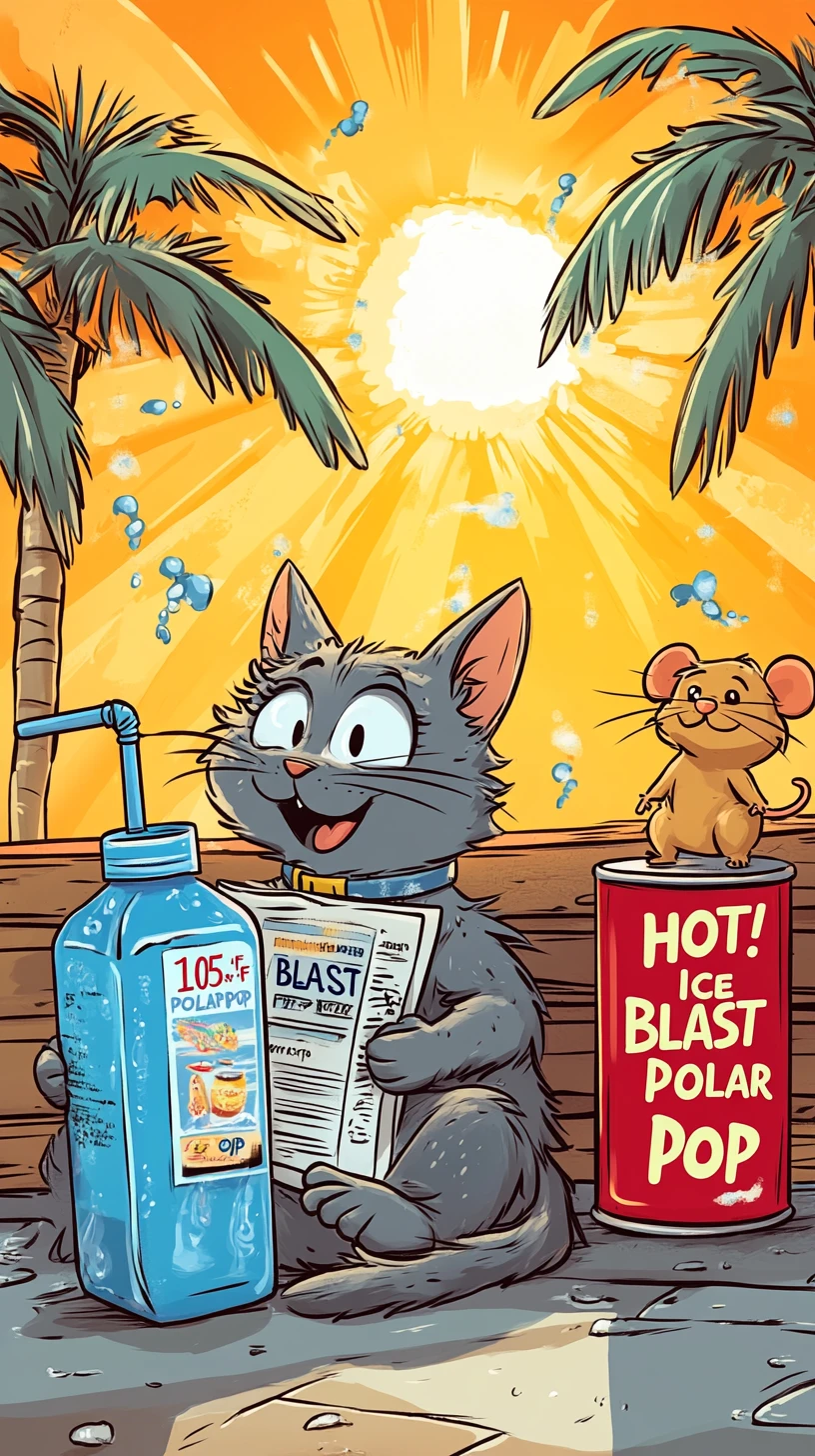 Chat et souris de dessin animé en sueur partageant des boissons glacées sous la chaleur