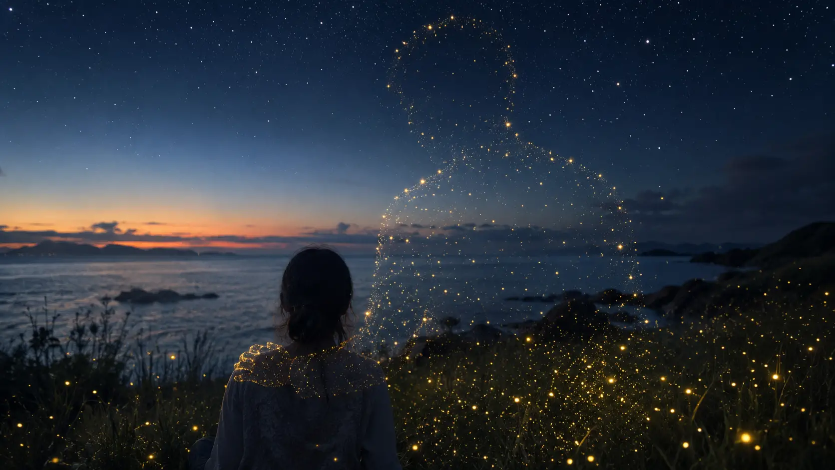 Rivage paisible au crépuscule avec lucioles ascendantes et étoiles naissantes