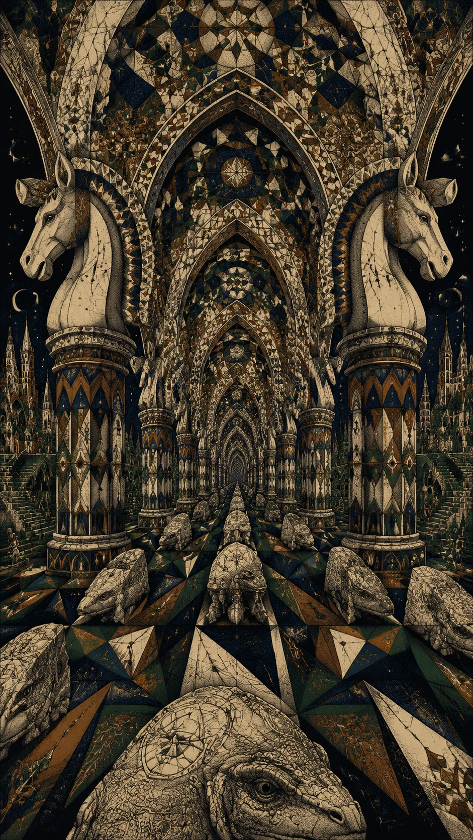 Catedral gótica surreal com intermináveis caminhos triangulares de pedra