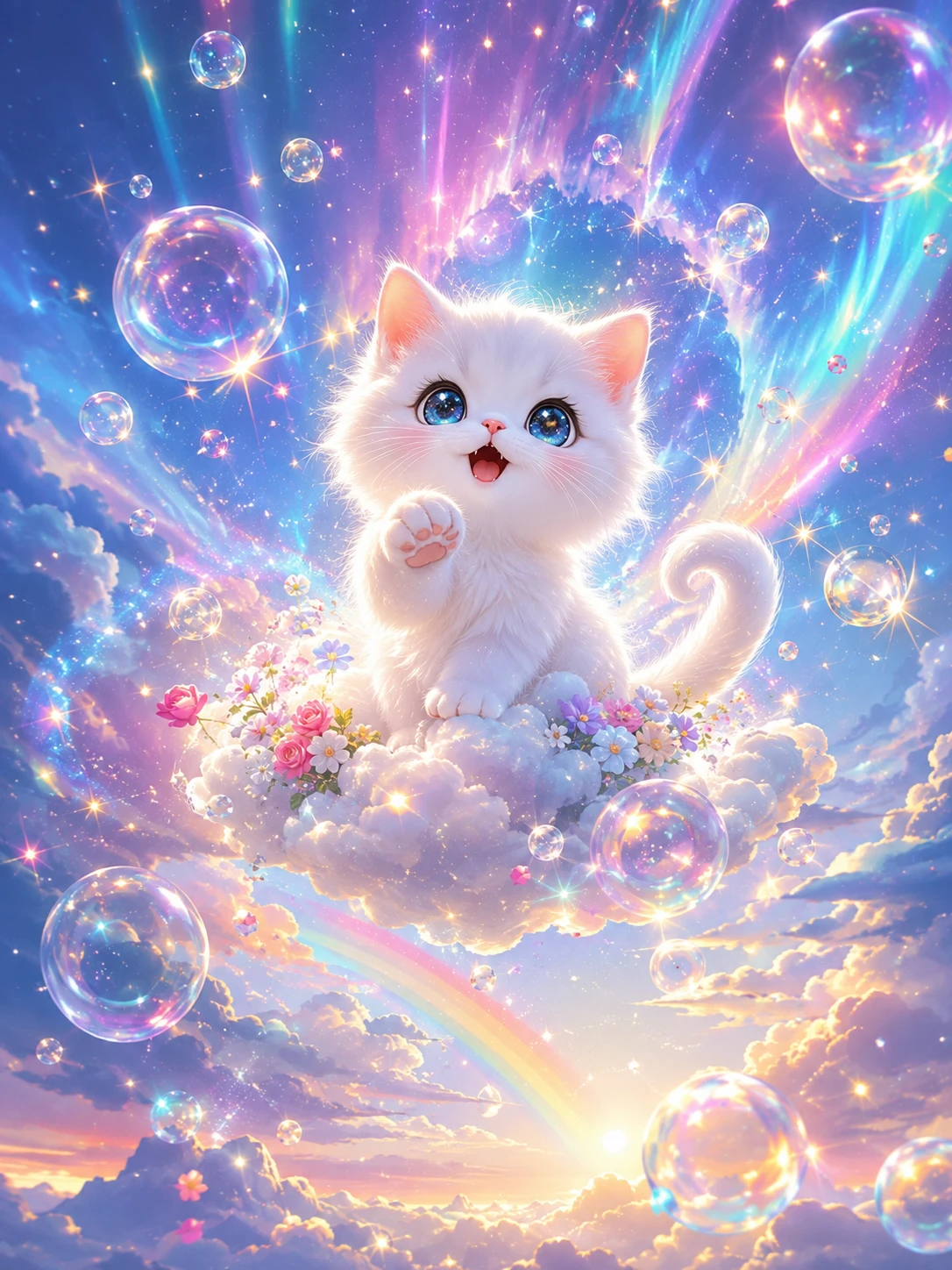 Adorável gatinho branco flutuando em uma nuvem fofinha