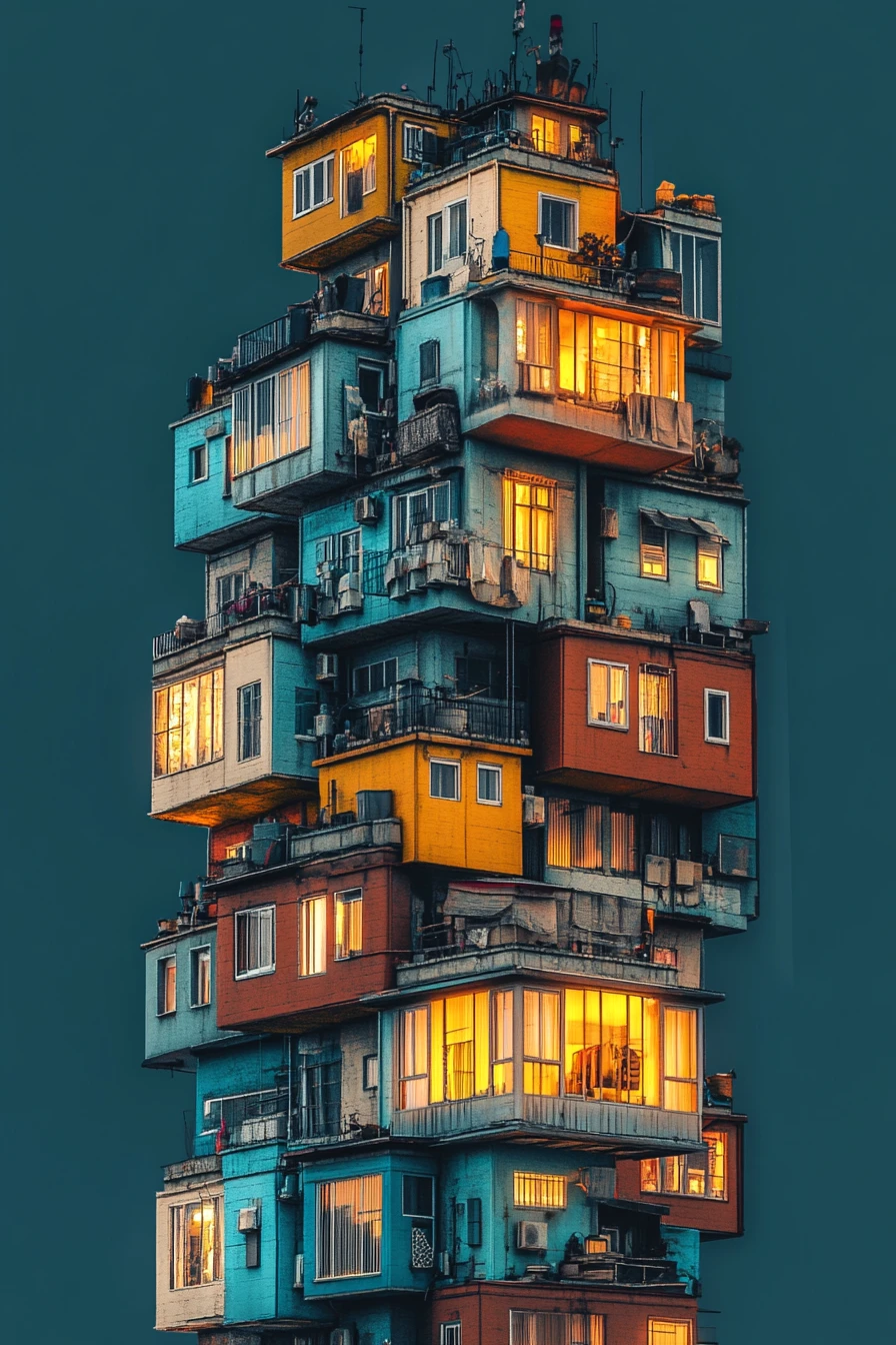 Torre de apartamentos colorida brilhando com janelas aconchegantes ao entardecer