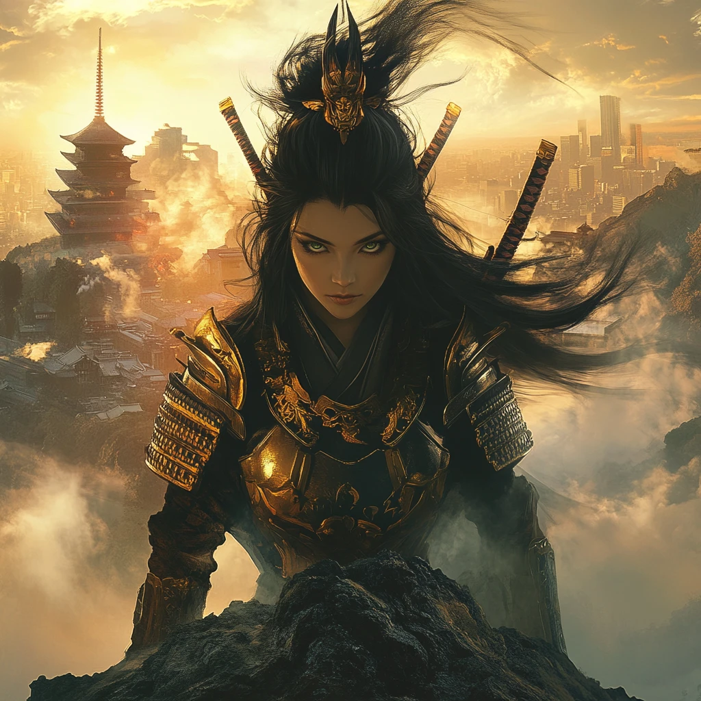 Samurai donna su montagna nebbiosa al tramonto infuocato