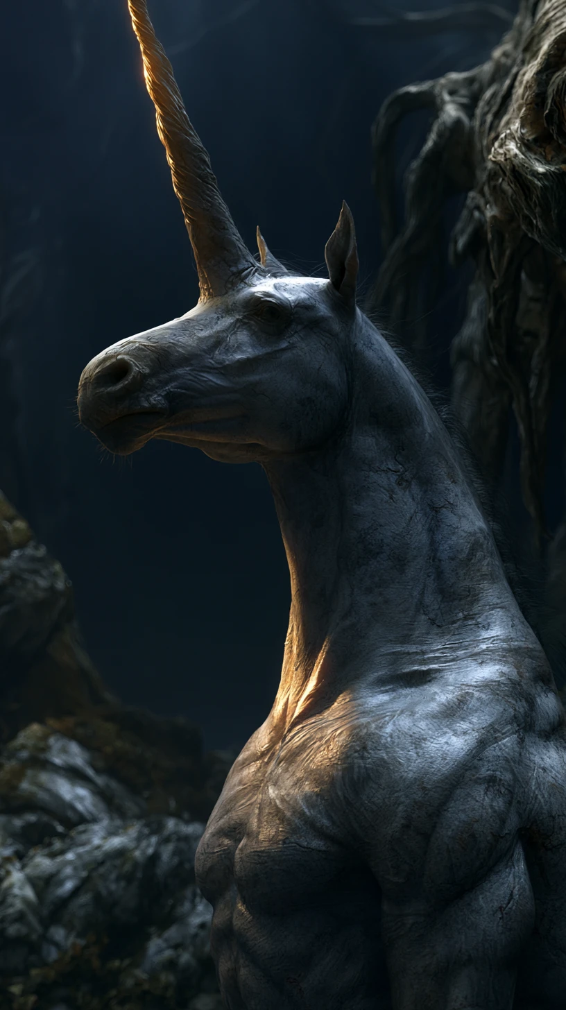 Mythical horned creature standing in a dark ancient forest