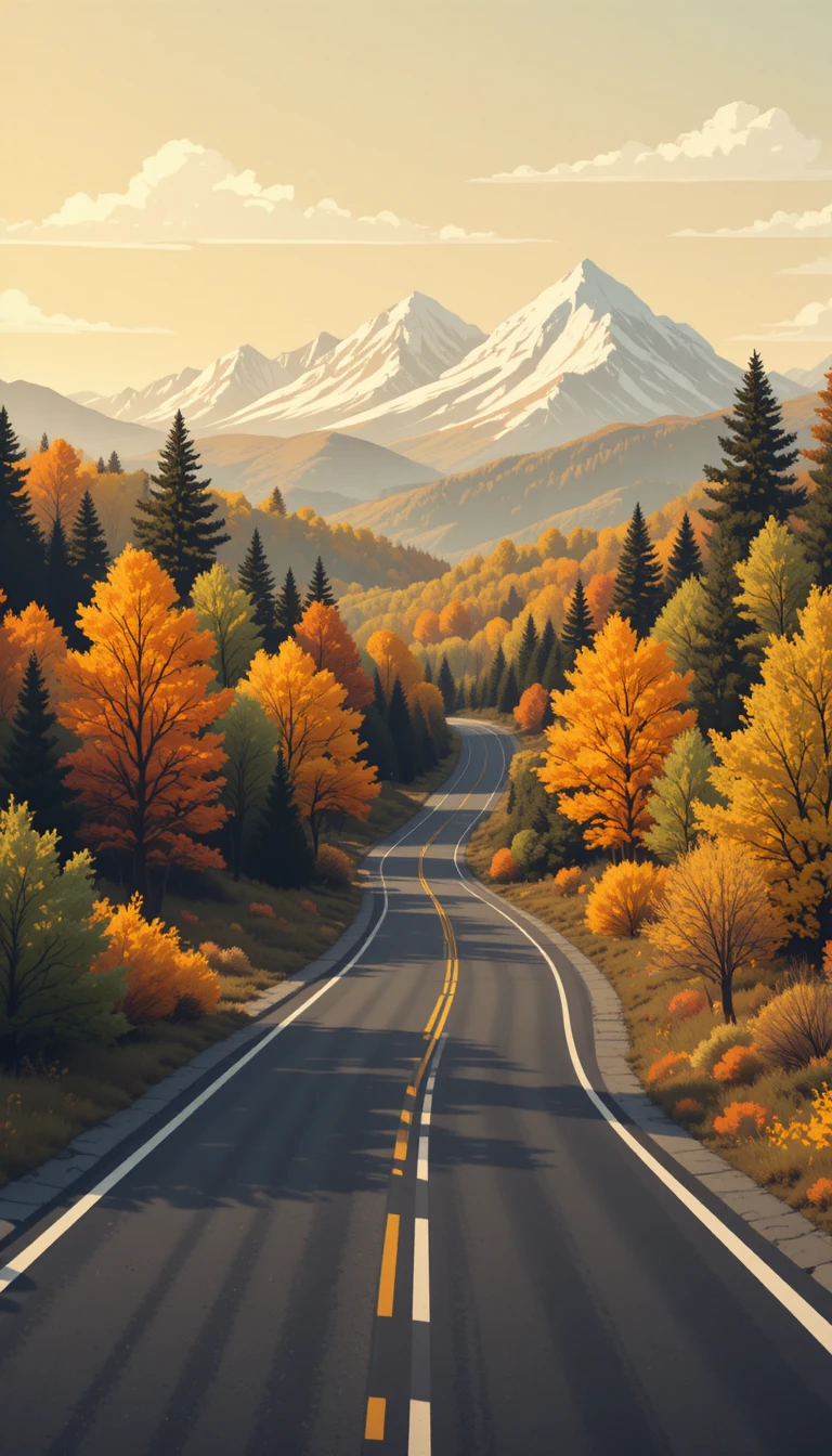 Rodovia sinuosa na floresta levando a distantes montanhas geladas