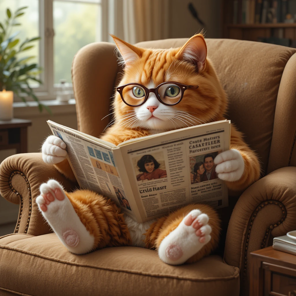 Gato laranja gorduchinho lendo um mini jornal na poltrona