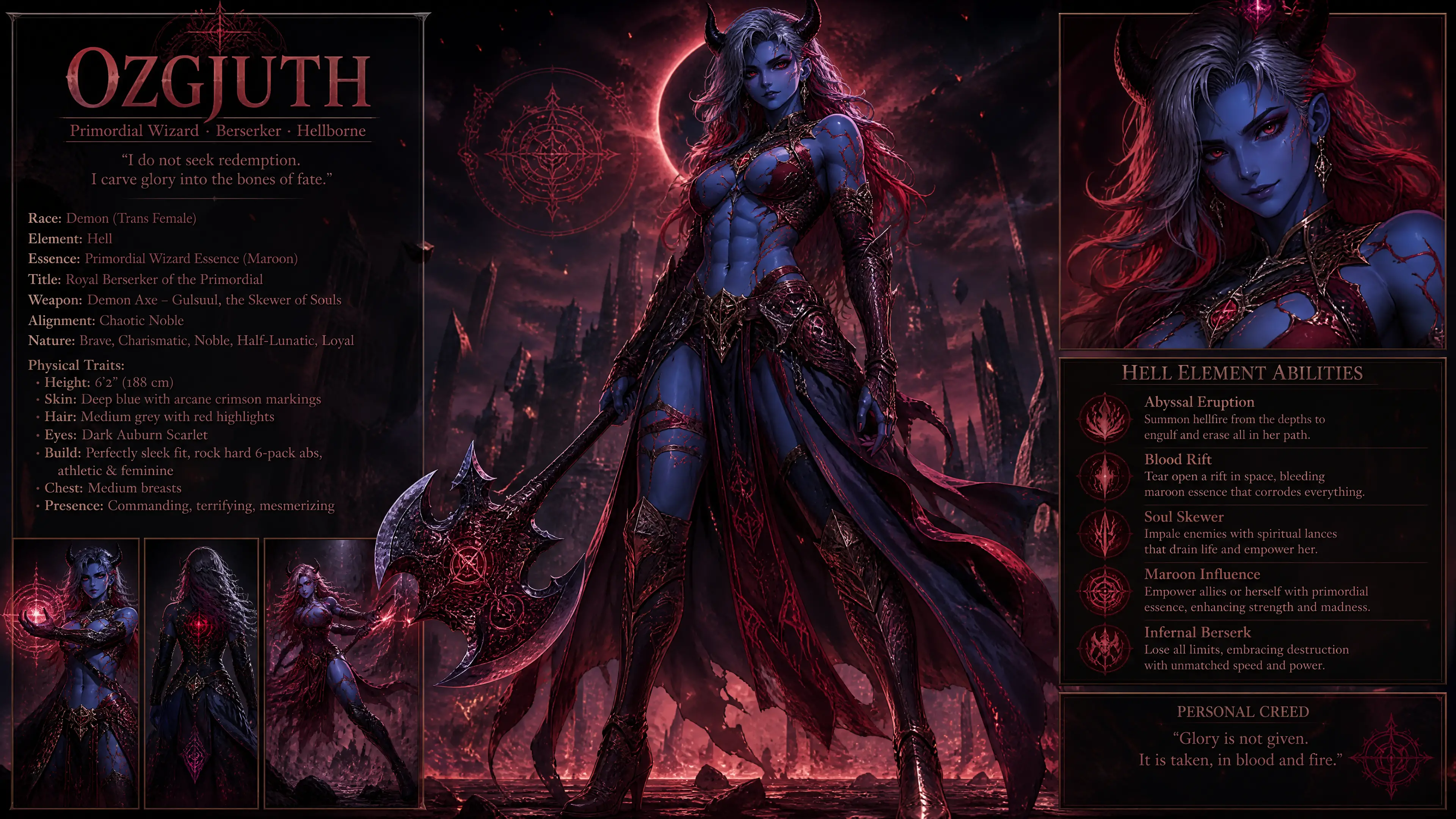 Blue demon sorceress in royal armor with battle axe