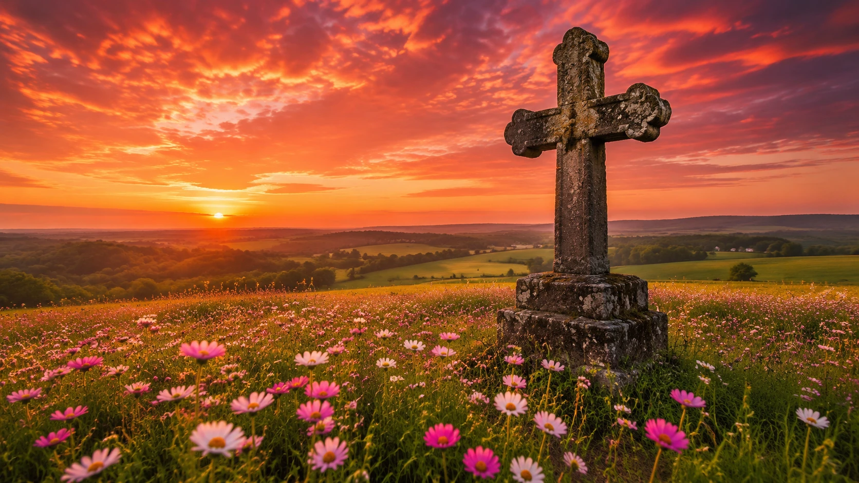 Cruz de pedra em um campo de margaridas ao pôr do sol colorido