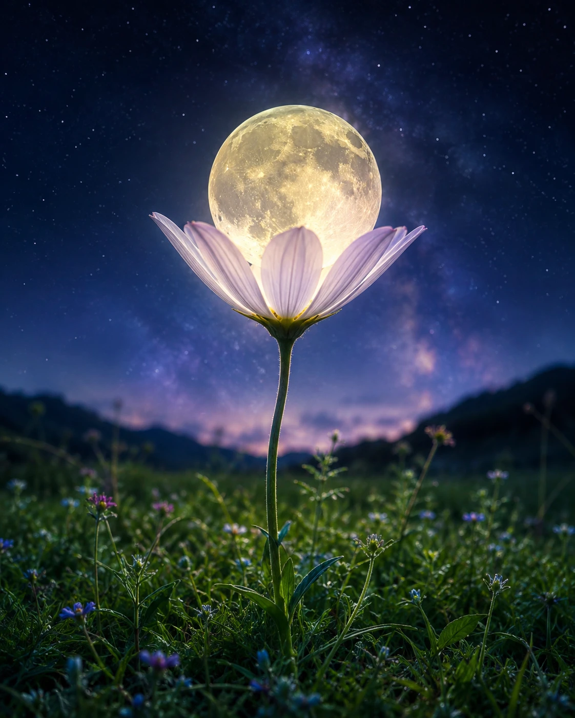 Glowing Flower In A Moonlit Meadow Under Night Sky