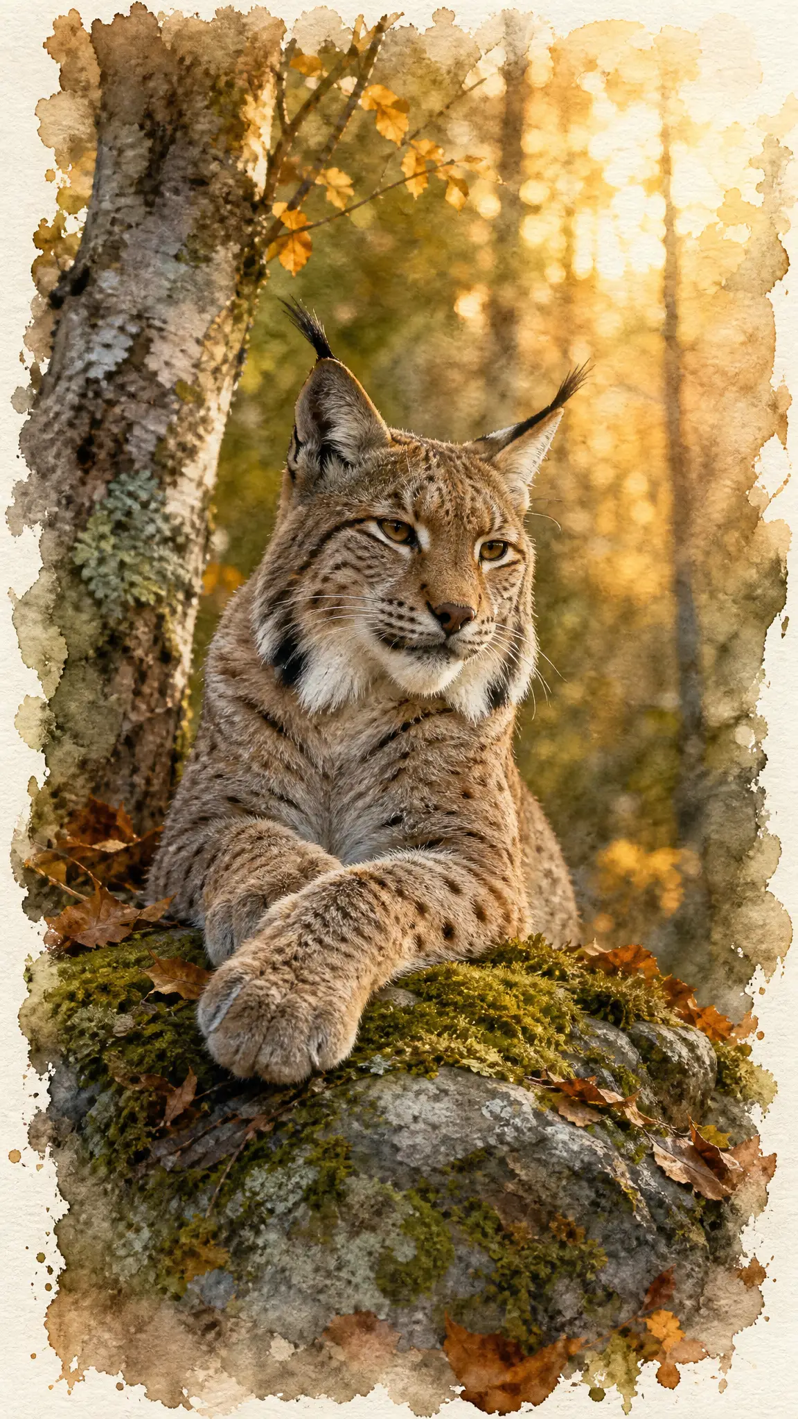 Eurasian lynx resting on mossy rock in golden forest