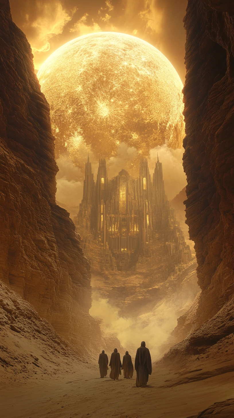 Robed figures approach an ancient desert city under moonlight
