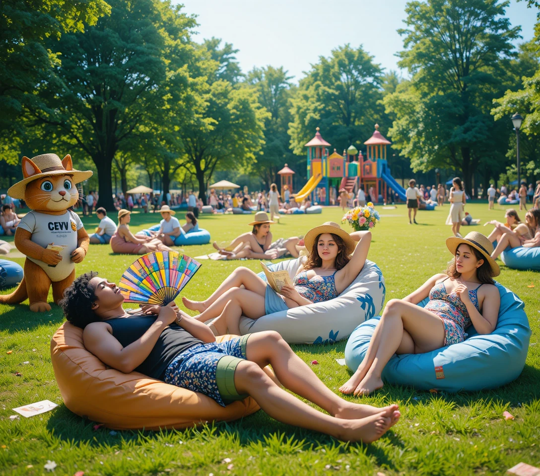 Friends relaxing on beanbags in a sunny green park