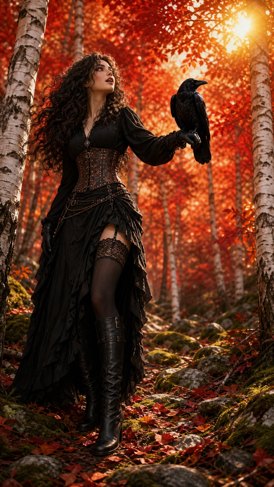 Dark haired anime woman with crow in autumn birch grove