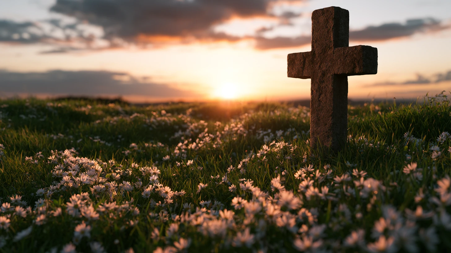Cruz de pedra em um campo de margaridas ao calor da luz do pôr do sol