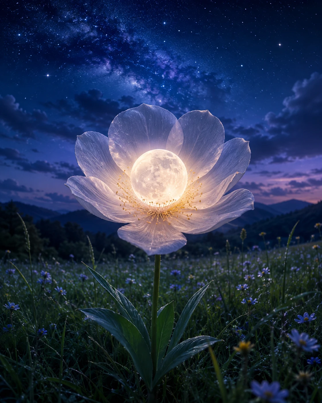 Glowing Moonlit Flower In A Quiet Green Meadow