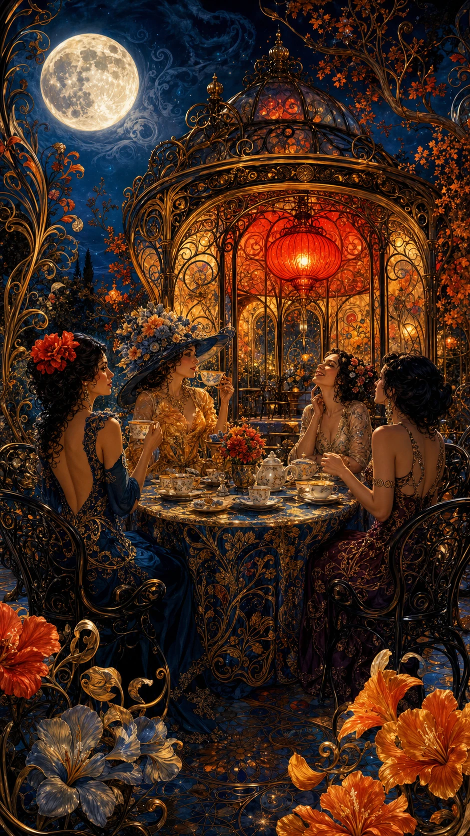 Chá ao luar em um terraço de jardim art nouveau