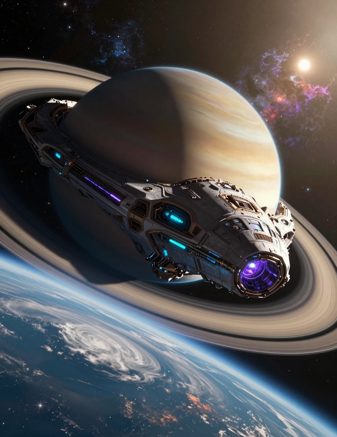 Colossale Nave Stellare Aliena in Orbita attorno a un Gigante Gassoso con Anelli