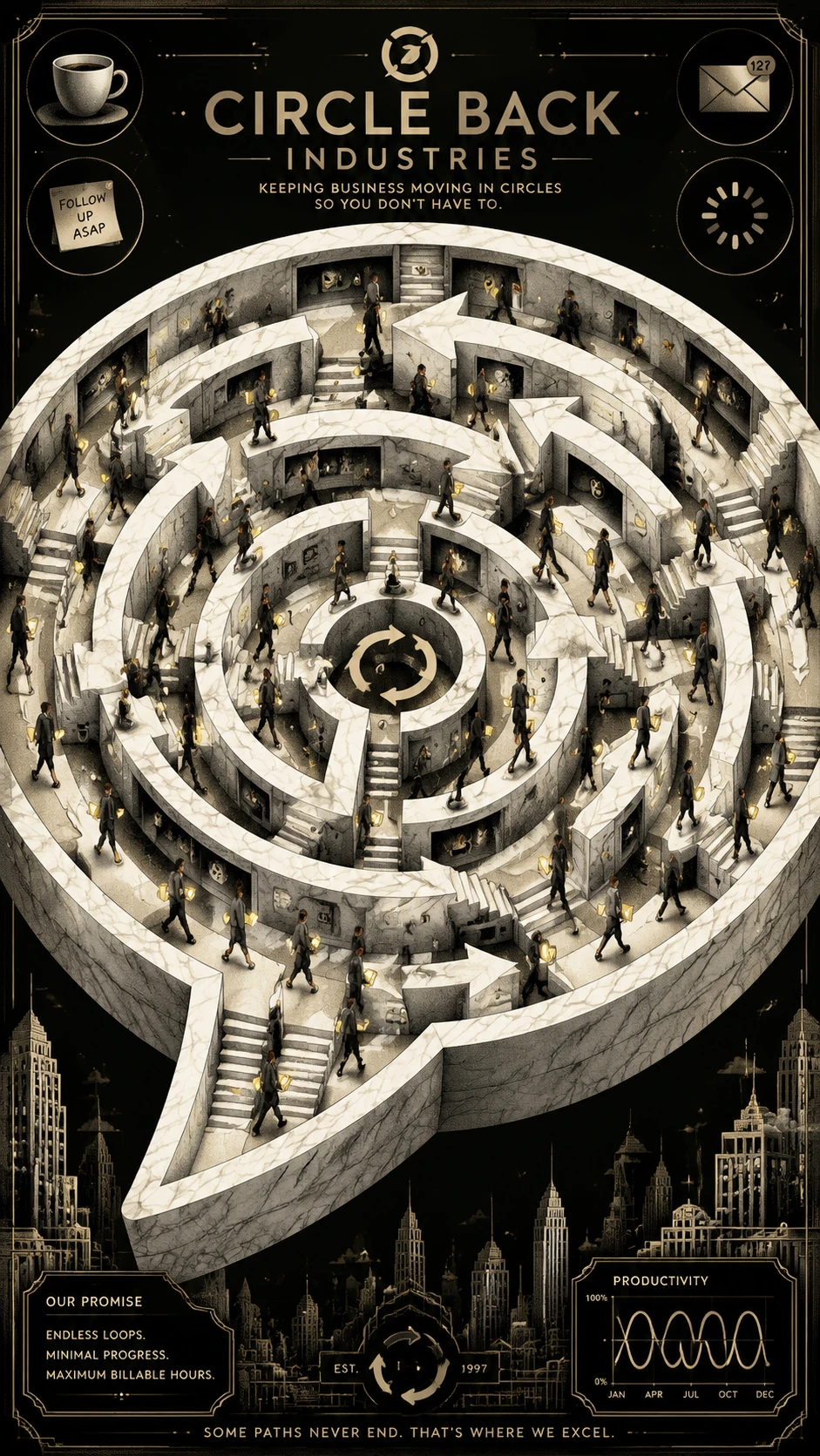 Professionnels en affaires tournant dans un labyrinthe de bulles de dialogue en marbre