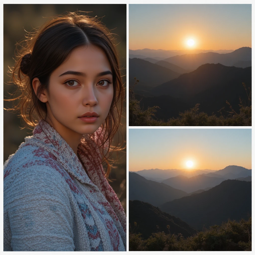 Person im Sonnenaufgang über ferner Berglandschaft