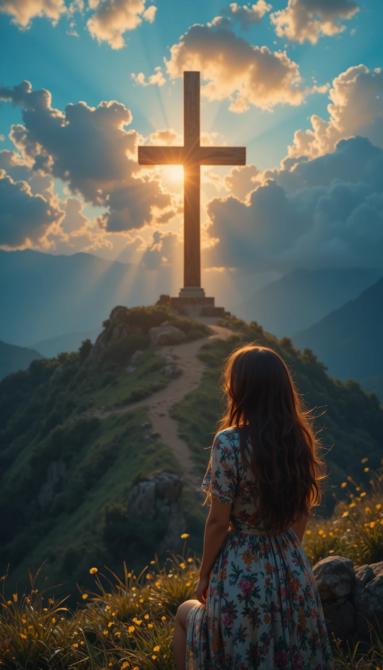 Mulher observando um nascer do sol radiante em uma colina com cruz
