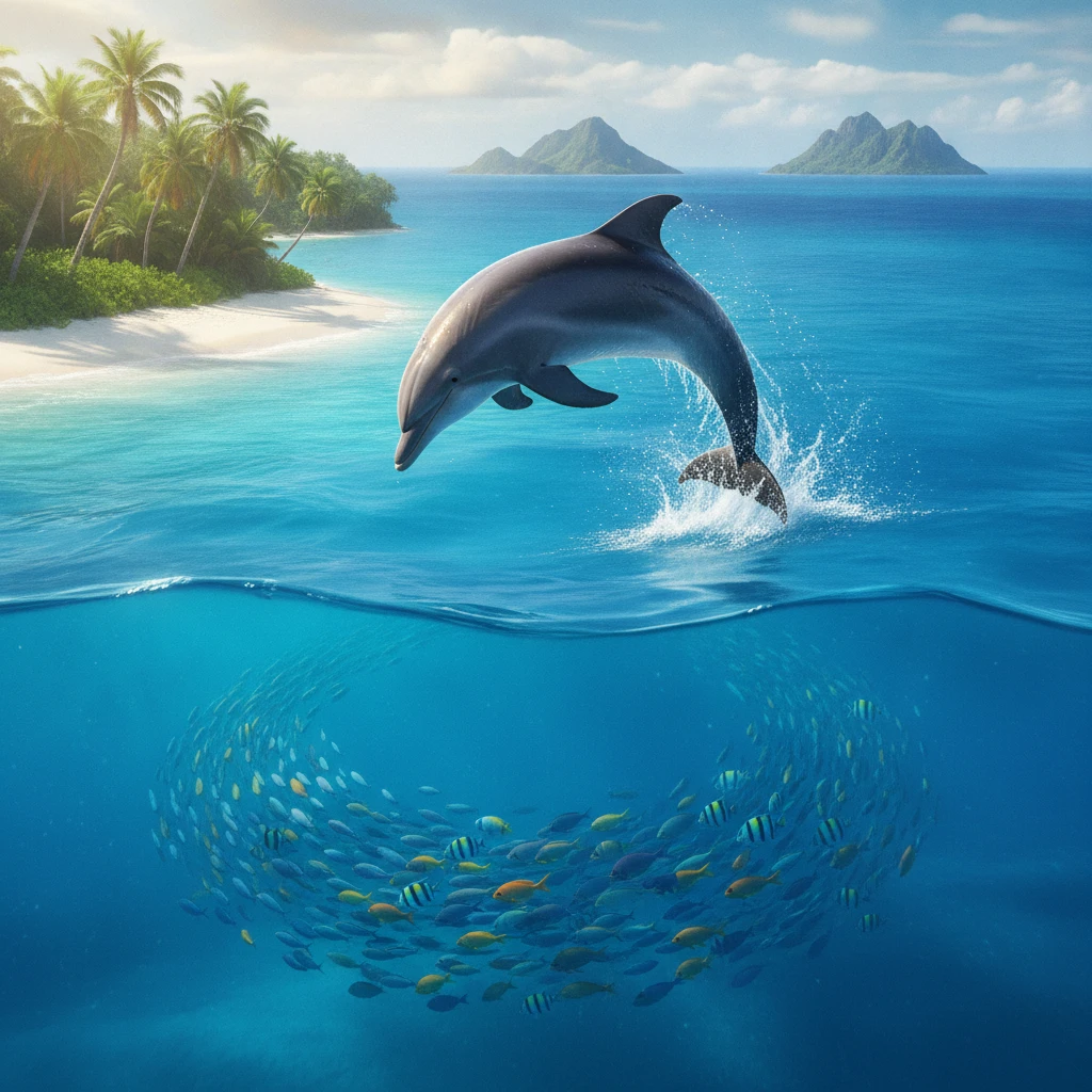 海豚躍出清澈湛藍的熱帶海水