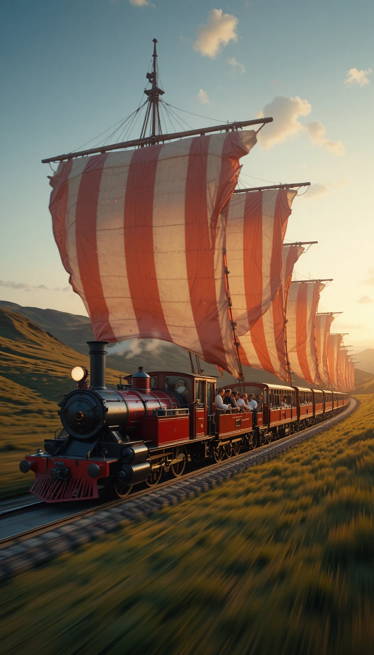Tren a vela a toda velocidad entre colinas al atardecer dorado
