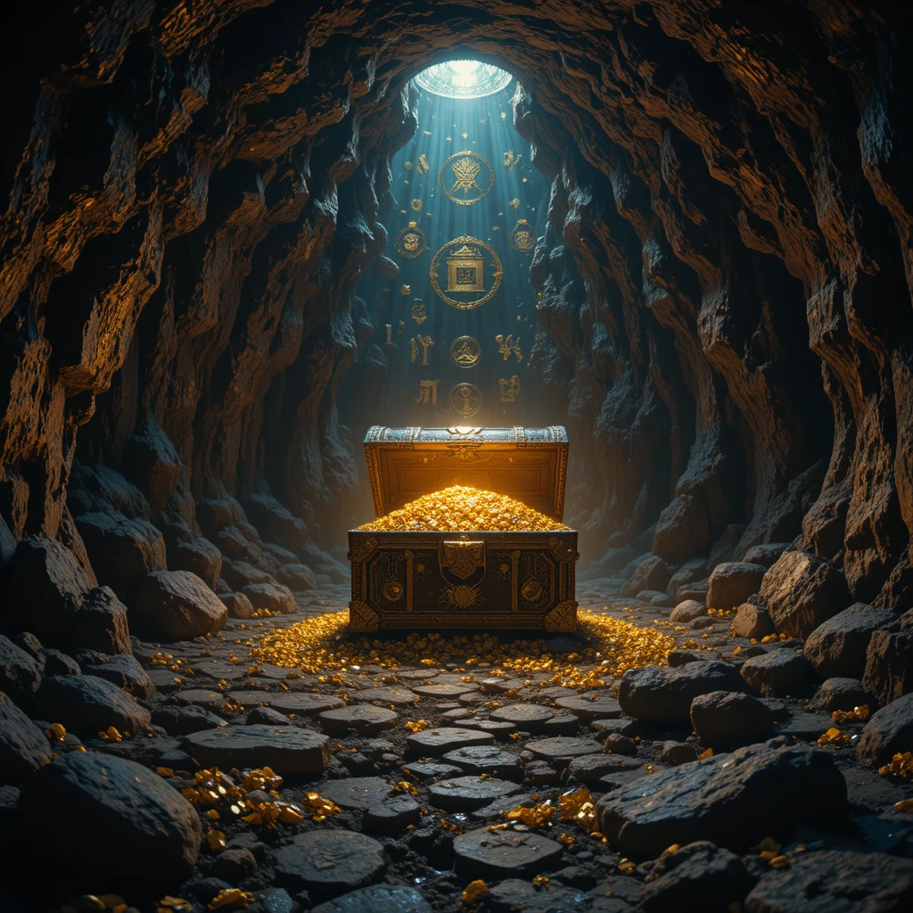 Glowing treasure chest illuminating ancient cave walls