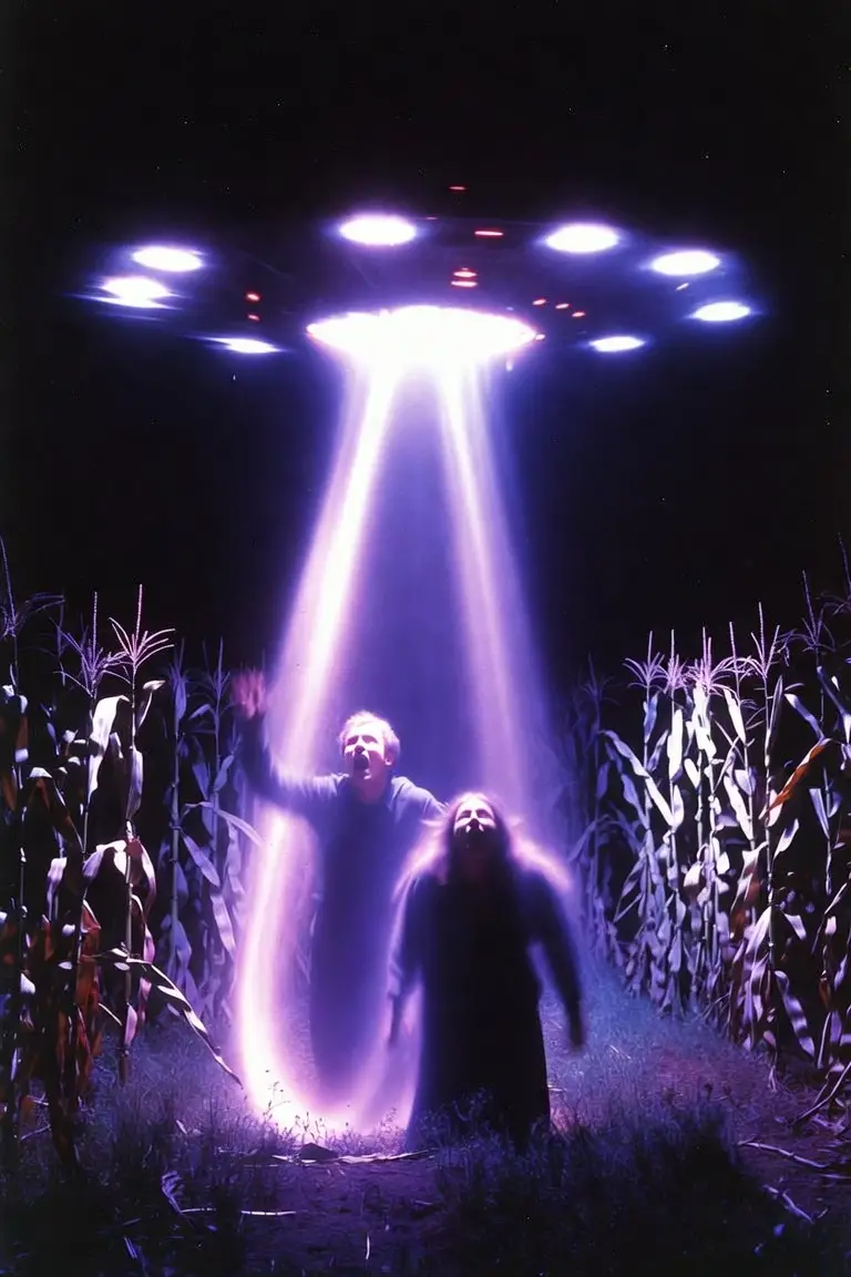 Enlèvement extraterrestre au-dessus d’étranges lumières violettes dans un champ de maïs