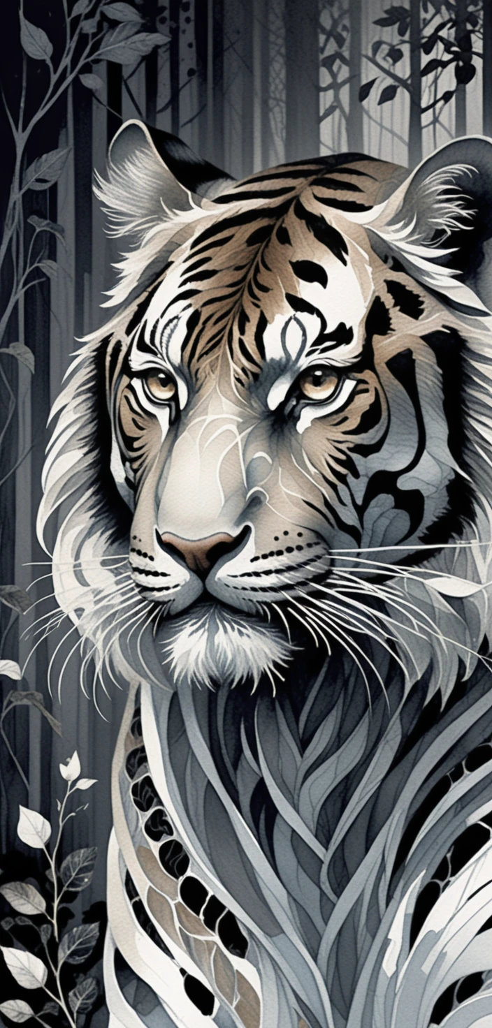 Tigre majestoso emergindo da escuridão em traços hachurados