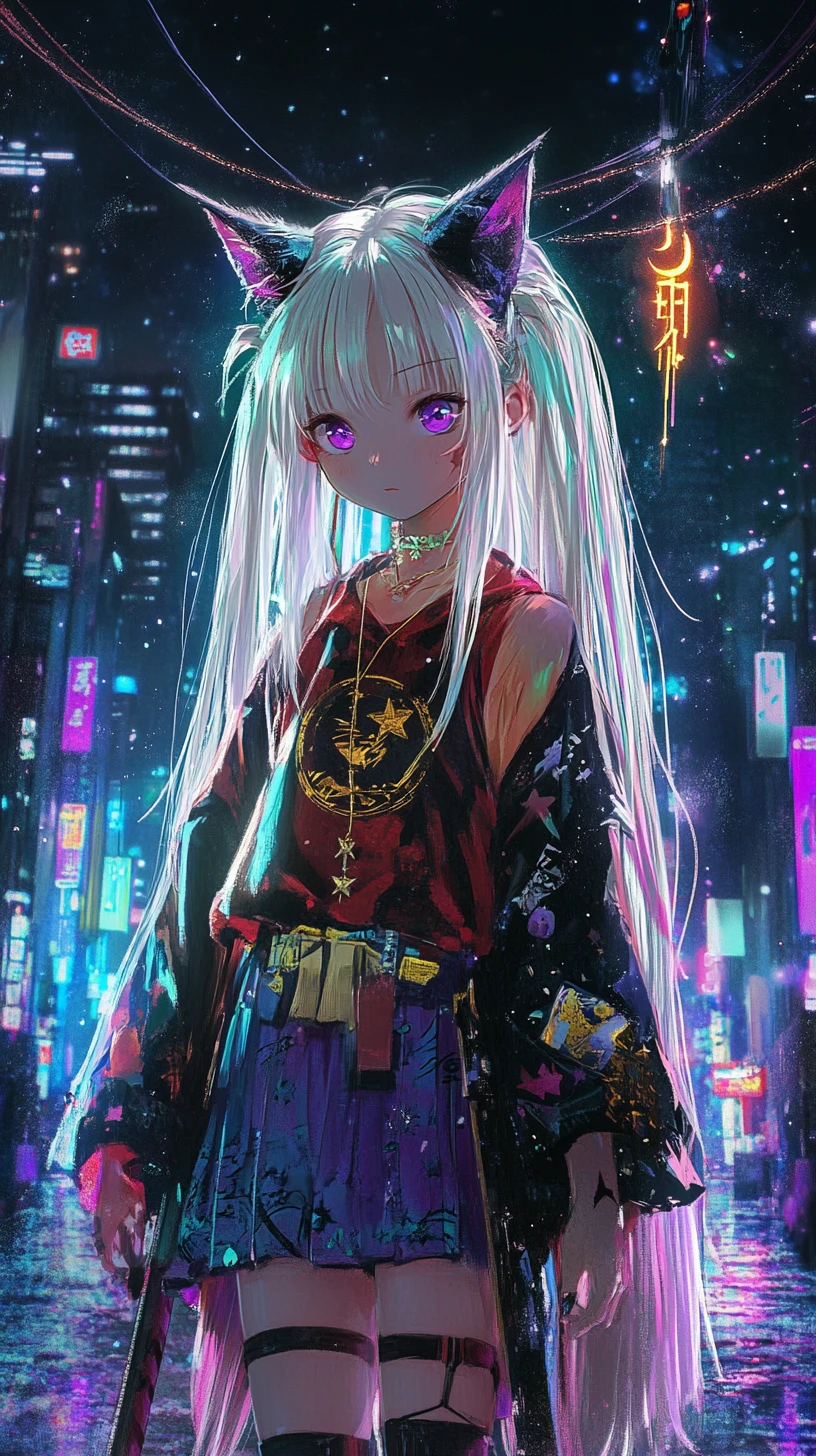Anime-Mädchen im goldenen Shirt mit Mond- und Sternendetails