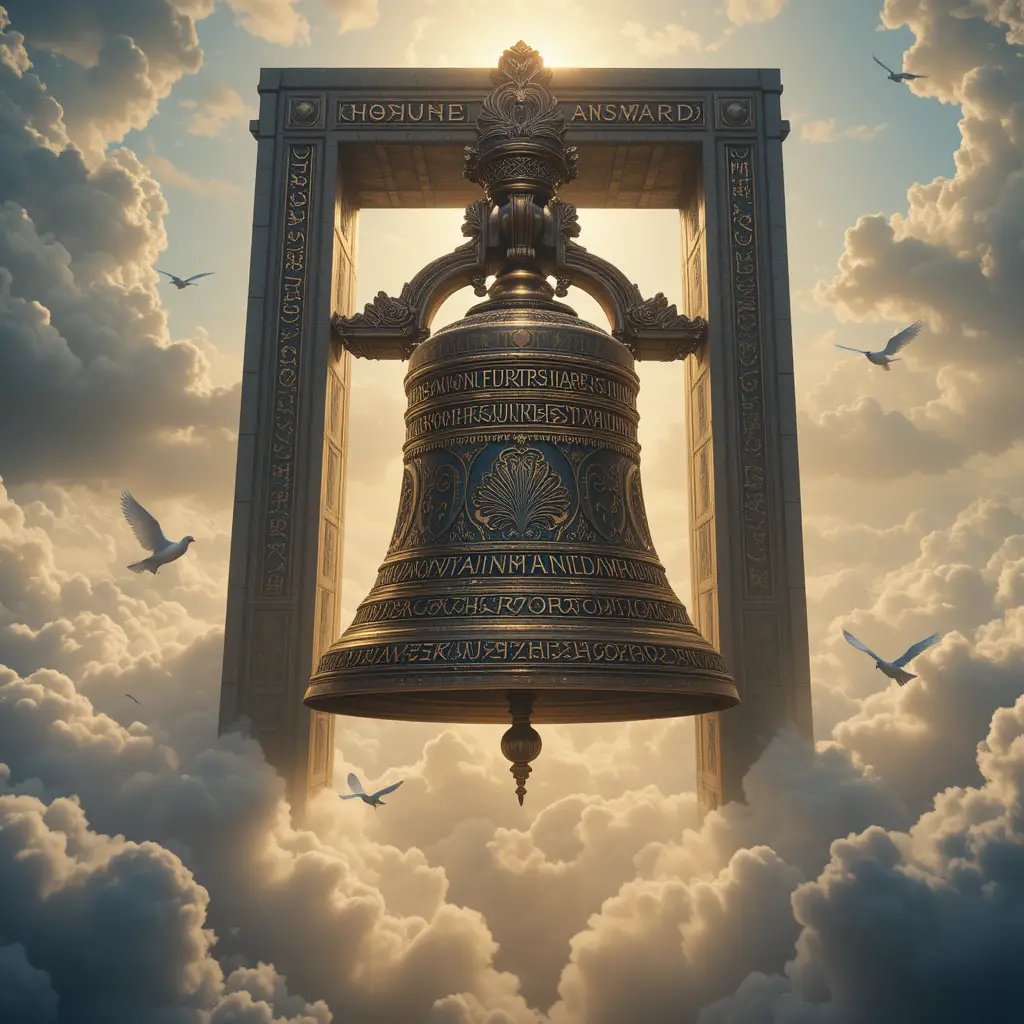 Ancient bronze bell suspended above glowing cloud sea