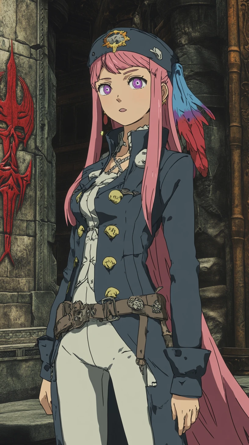 Fille d’anime se reposant à la porte d’un palais d’os avant la bataille