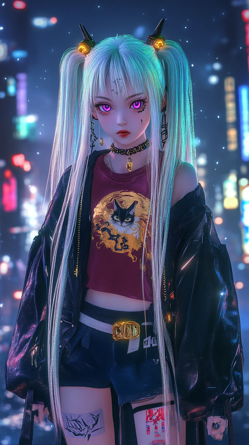 Ragazza anime con maglietta dorata e luna sotto un cielo al neon