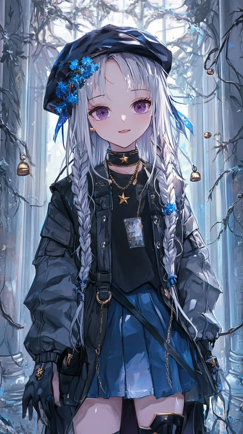 ツタに覆われた石床の大広間のアニメ少女