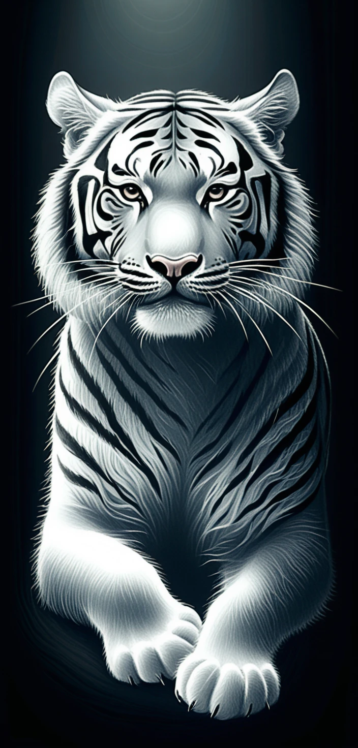 Tigre majestoso surgindo da escuridão em traços gravados e cruzados