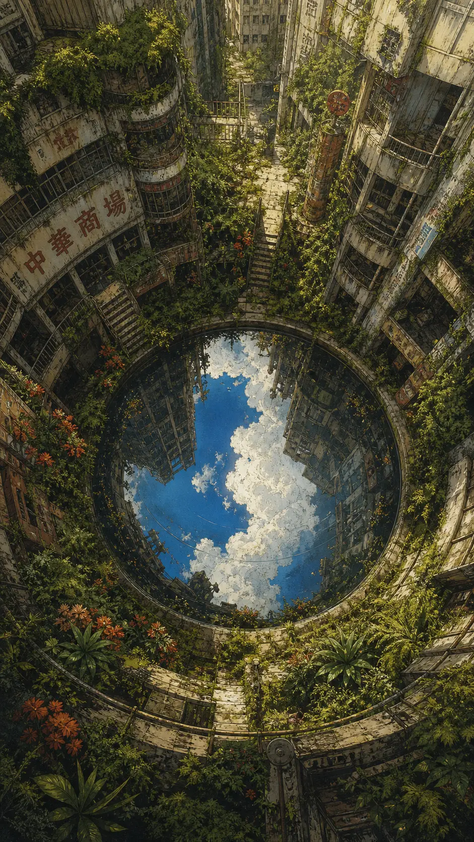俯視廢棄屋頂泳池的天空鏡面景觀