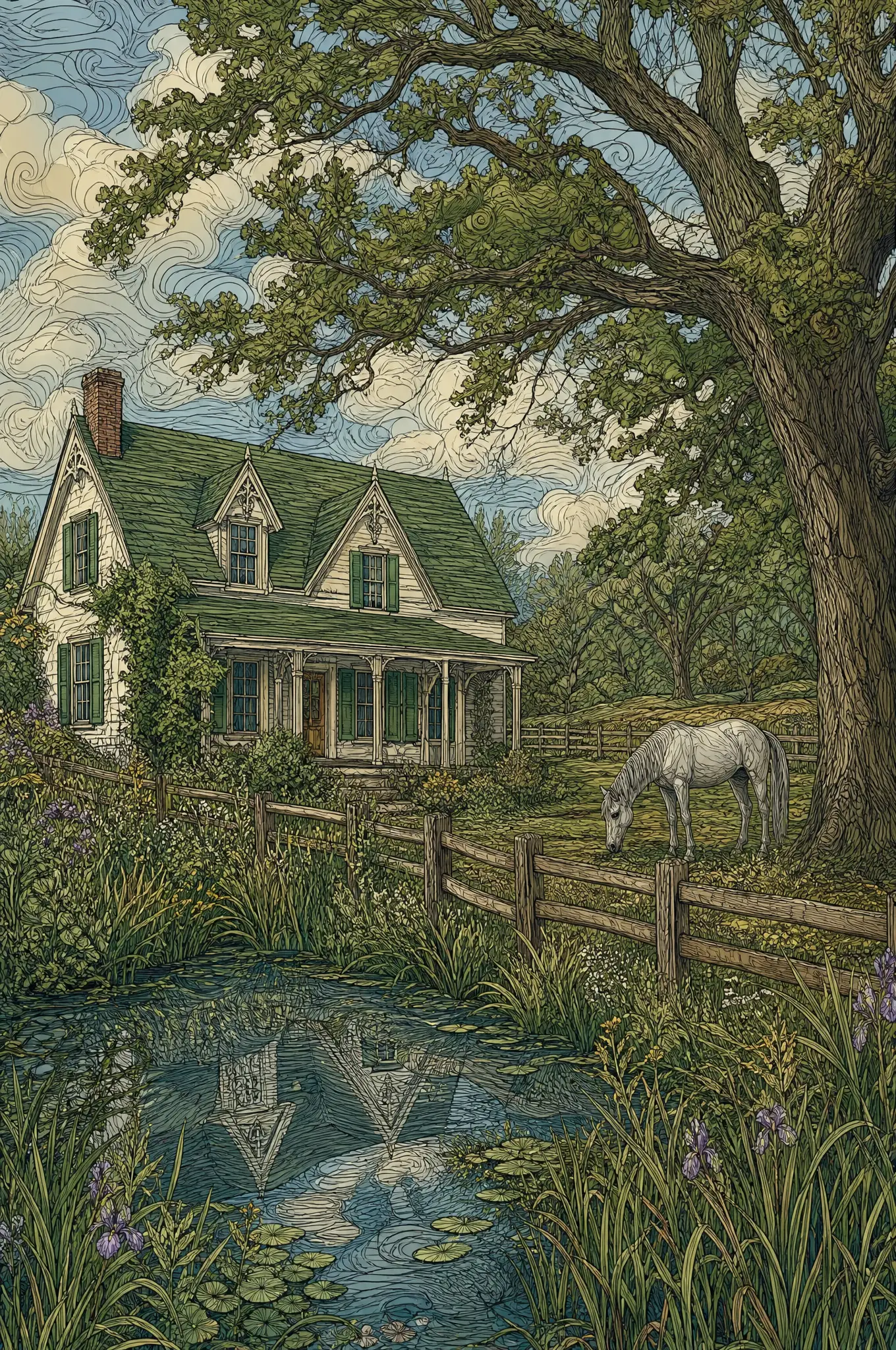Ilustração Encantadora de Casa de Fazenda dos Anos 1800 com Telhado Verde e Carvalhos