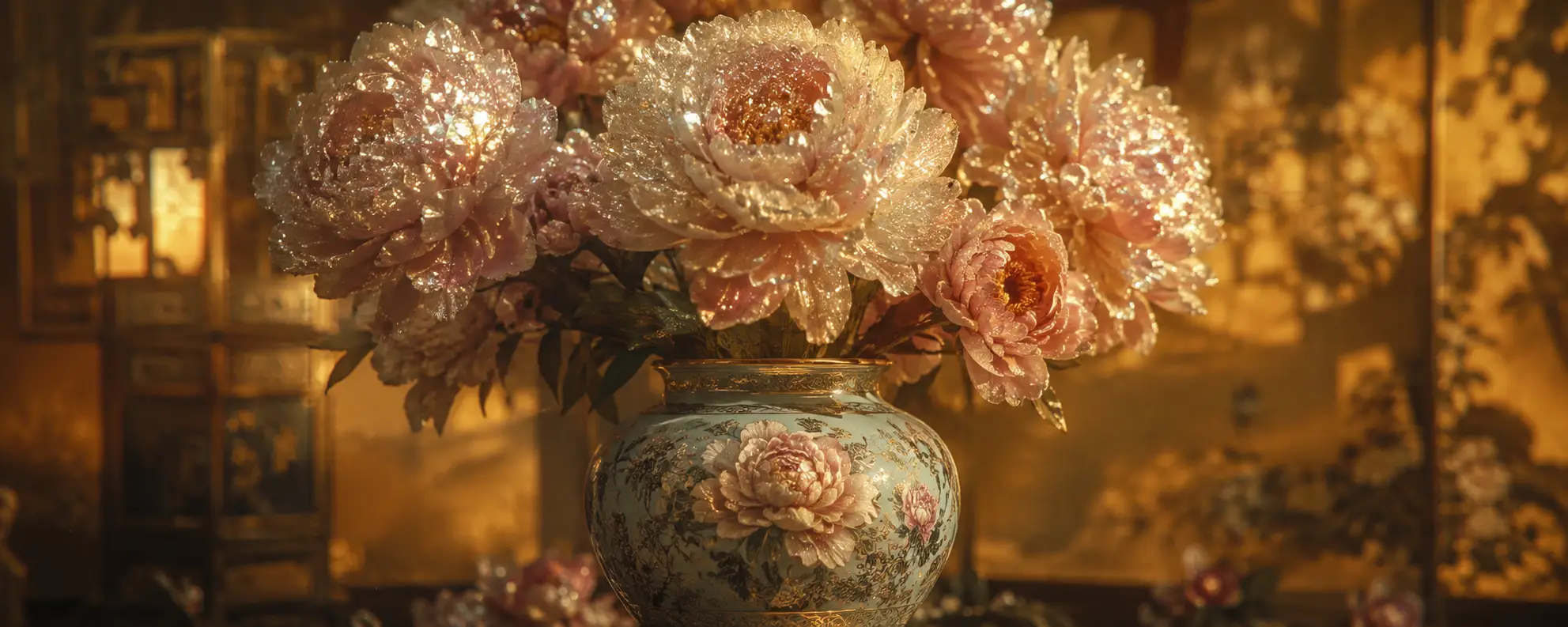 Ornate pastel peony vase with shimmering crystal blooms
