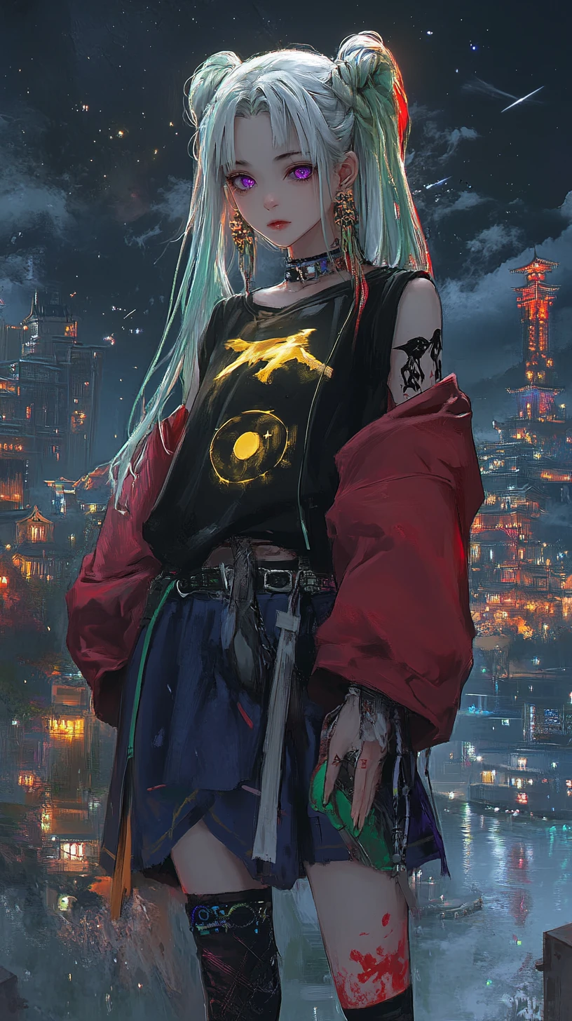 Garota de anime em traje celestial com detalhes de estrelas e lua