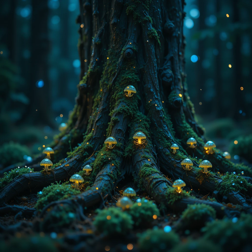 Tiny moss forest spirits tending roots of ancient oak