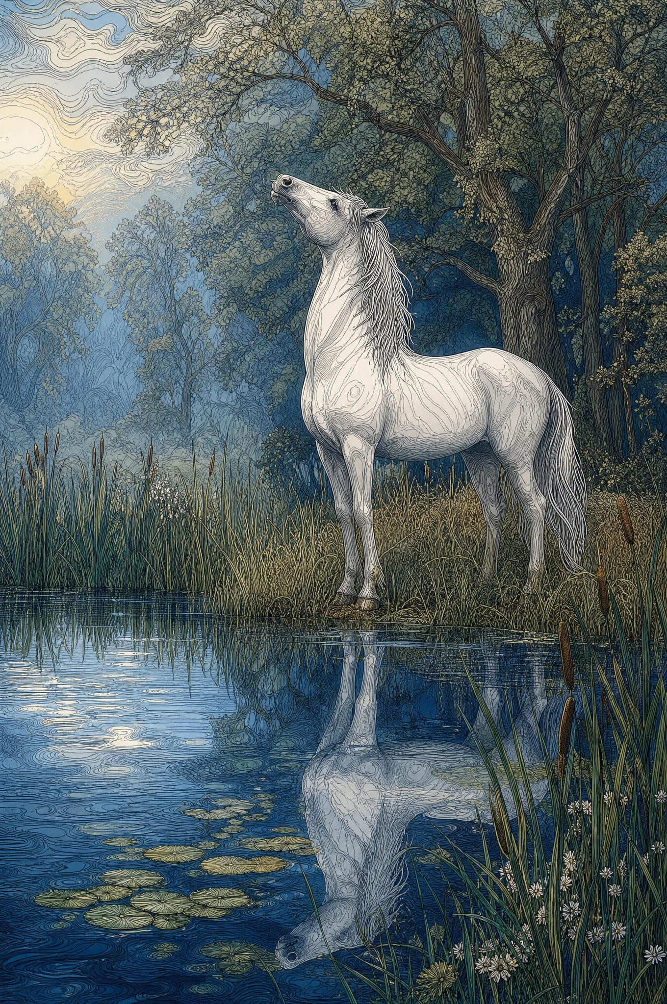 Cavalo branco ao lado de um lago azul-profundo ao amanhecer
