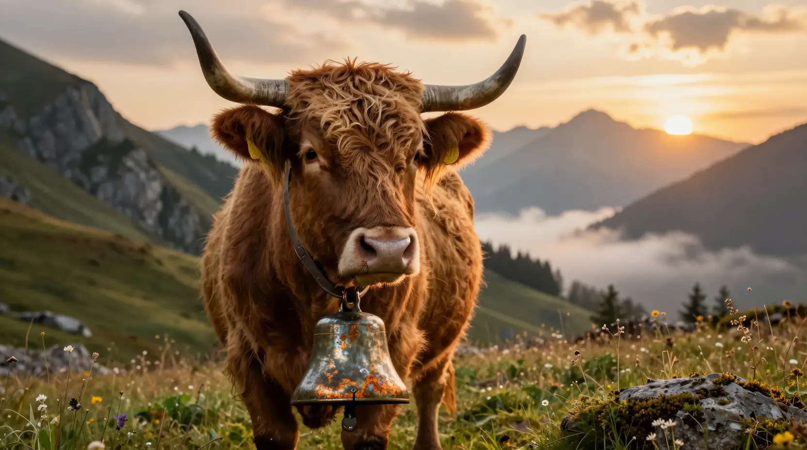 Highland cow with bronze bell at alpine sunset meadow