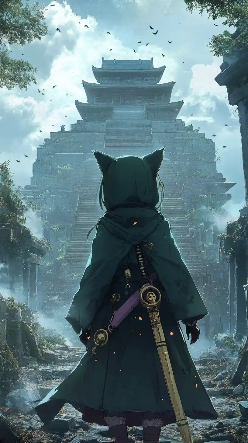 Anime girl walking toward a circular stone temple